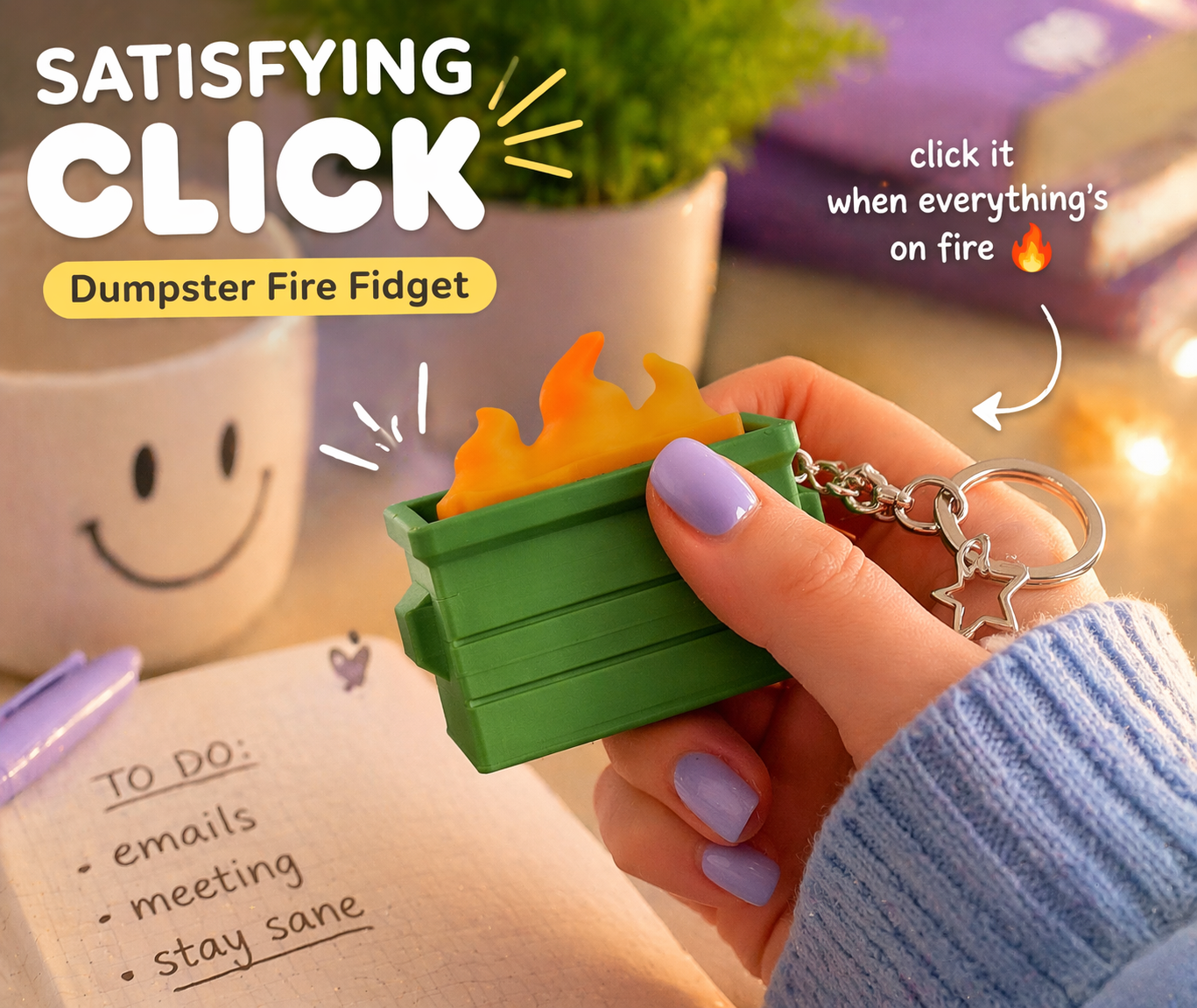Dumpster Fire Clicky Fidget – Funny Desk Clicker | Mechanical Switch Stress Relief Toy | 3D Printed ASMR Fidget