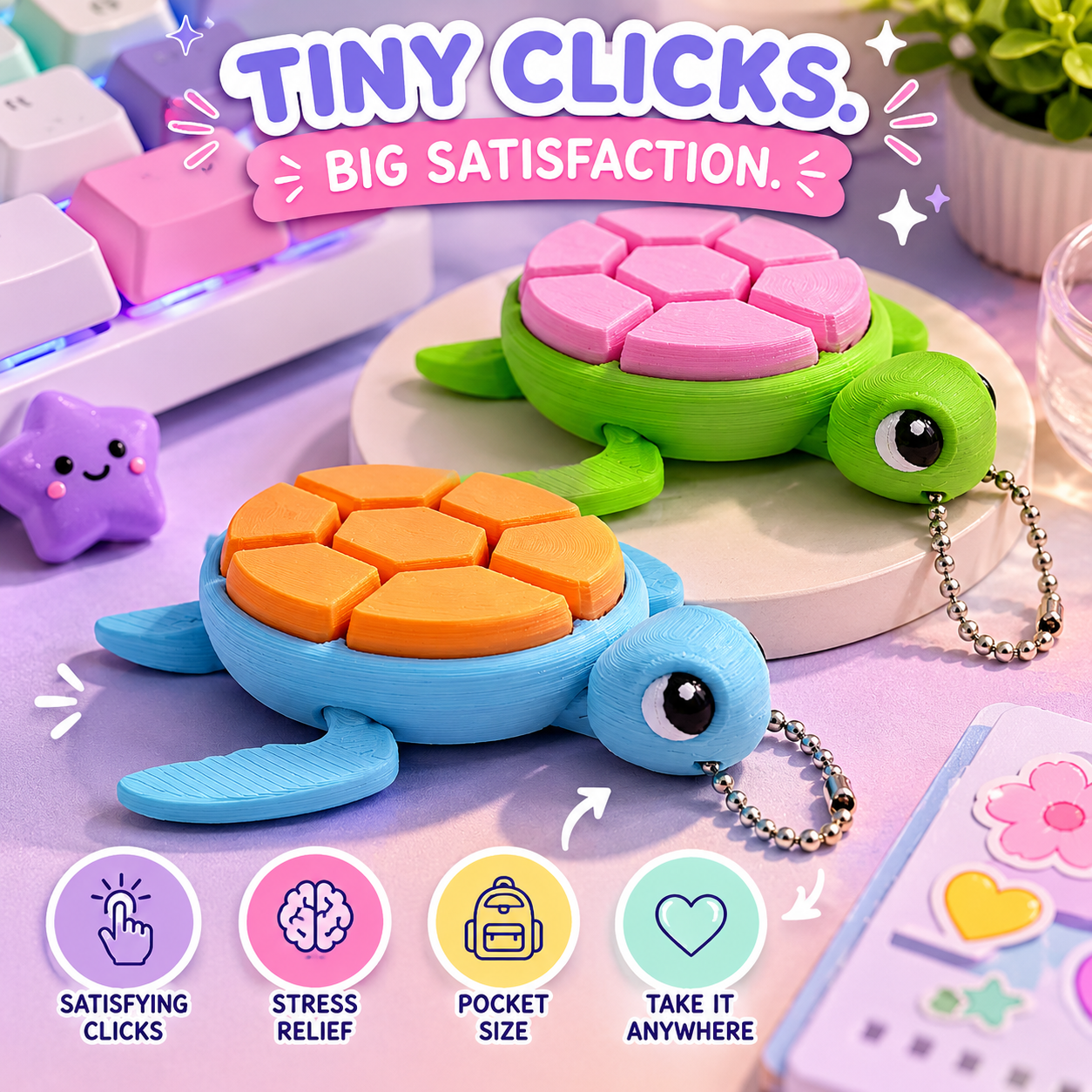 Turtle Fidget Clicker Keychain – 7 Button Keyboard Click Toy | Cute ASMR Desk Toy