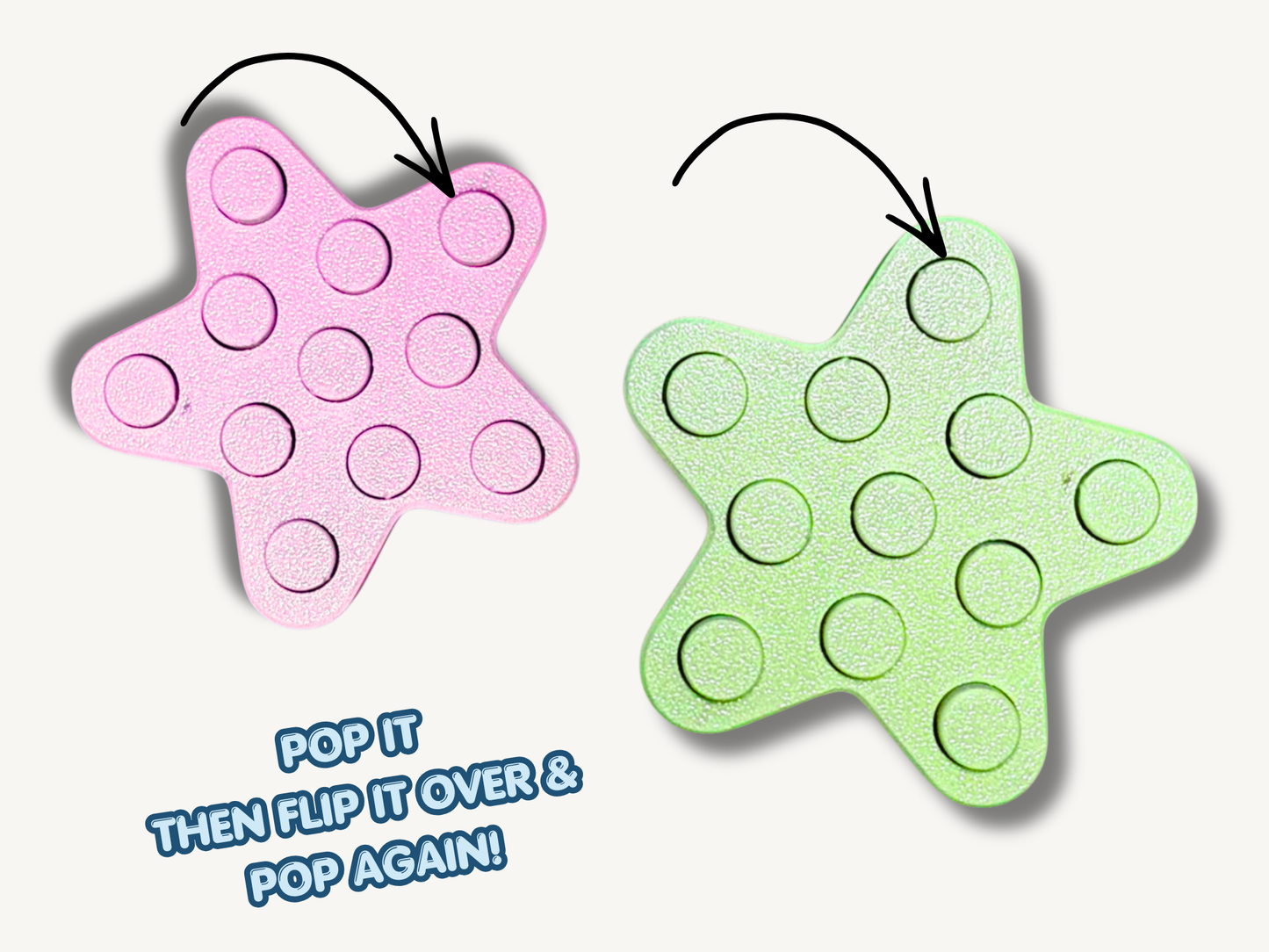 Two star-shaped fidget toys, one pink and one green, on a white background with text instructions.