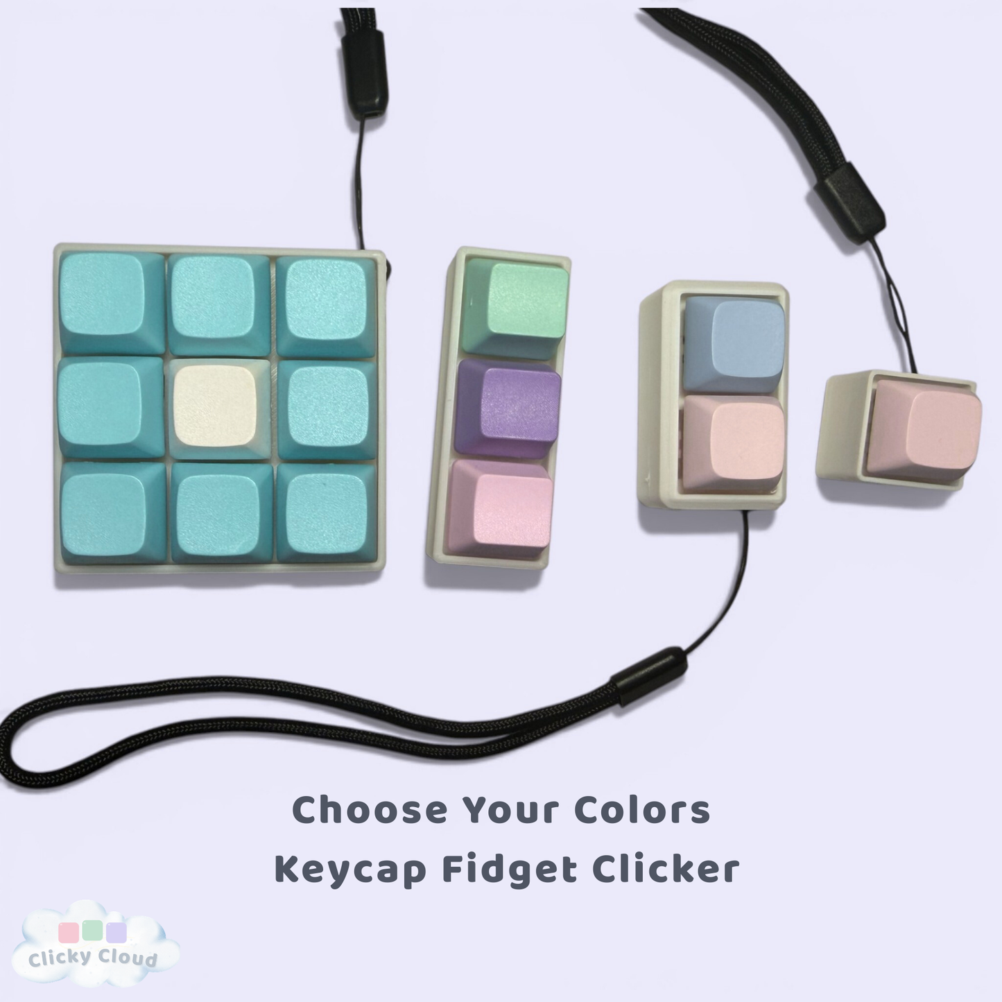 Keycap fidget clicker with colorful keycaps on a white background