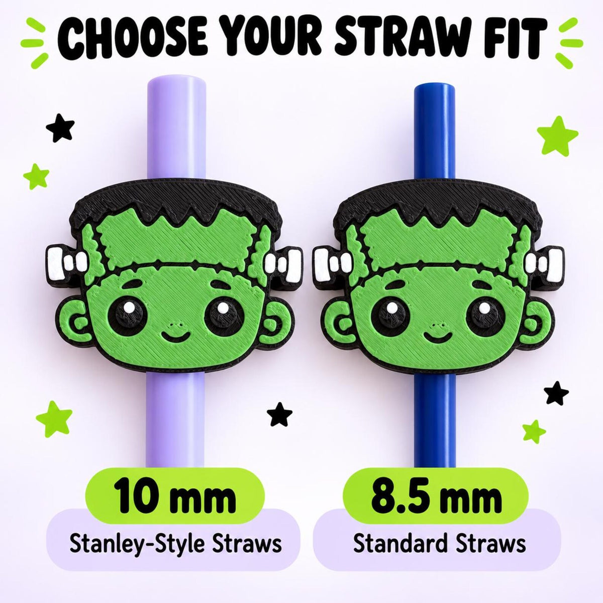 Frankenstein Straw Topper: 3D-Printed Halloween Tumbler Accessory, 8.5 or 10 mm