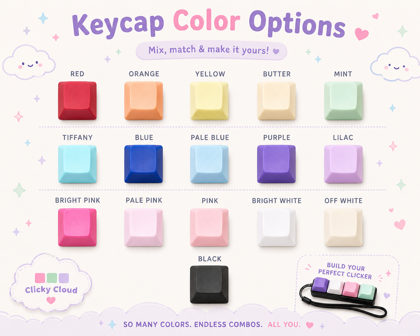Keycap color options with various pastel colors and a black keycap.