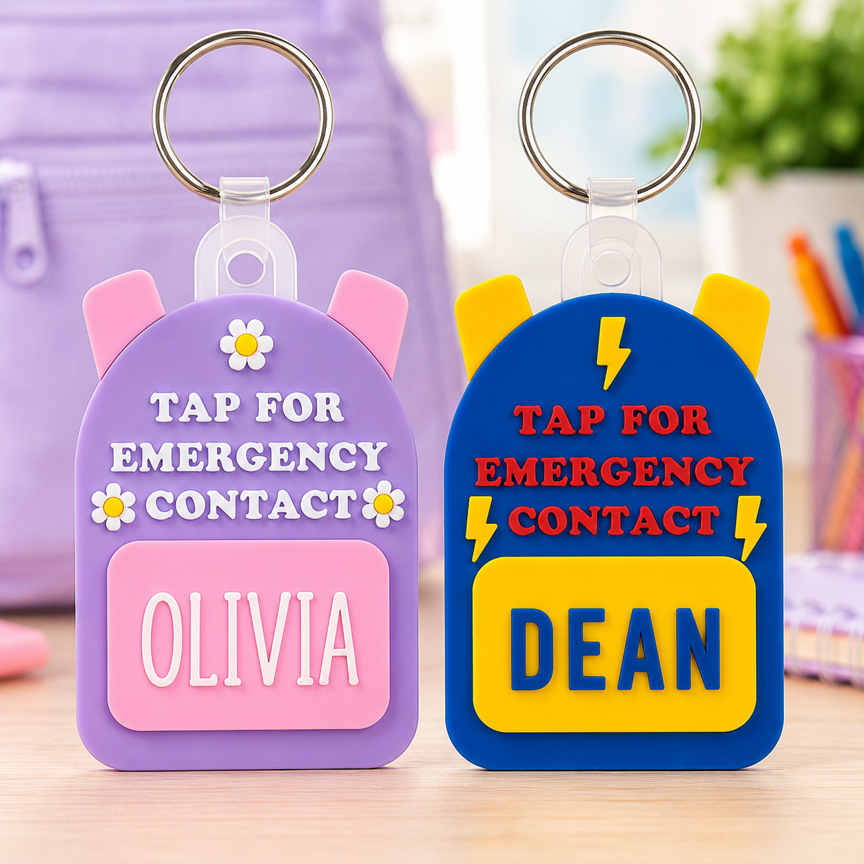 Two colorful emergency contact keychains displayed side by side on a wooden surface. The left keychain is lavender purple with pink ears, white text reading 'TAP FOR EMERGENCY CONTACT' and a pink nameplate reading 'OLIVIA'.