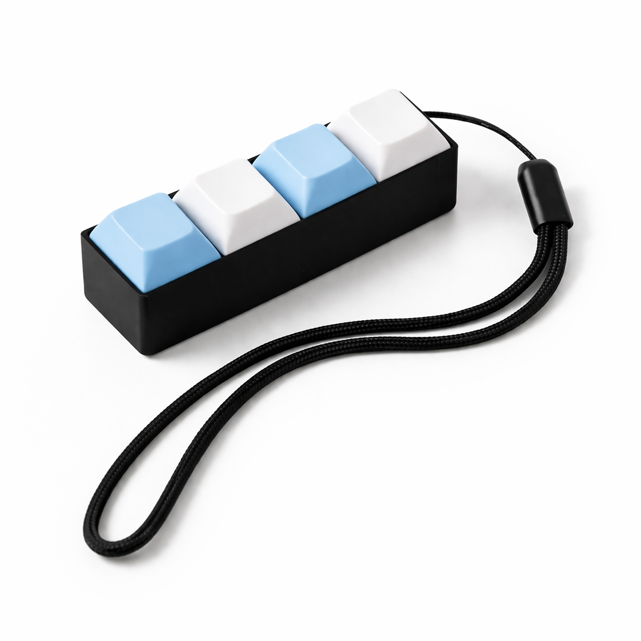 Keyboard fidget clickers with a black lanyard on a white background