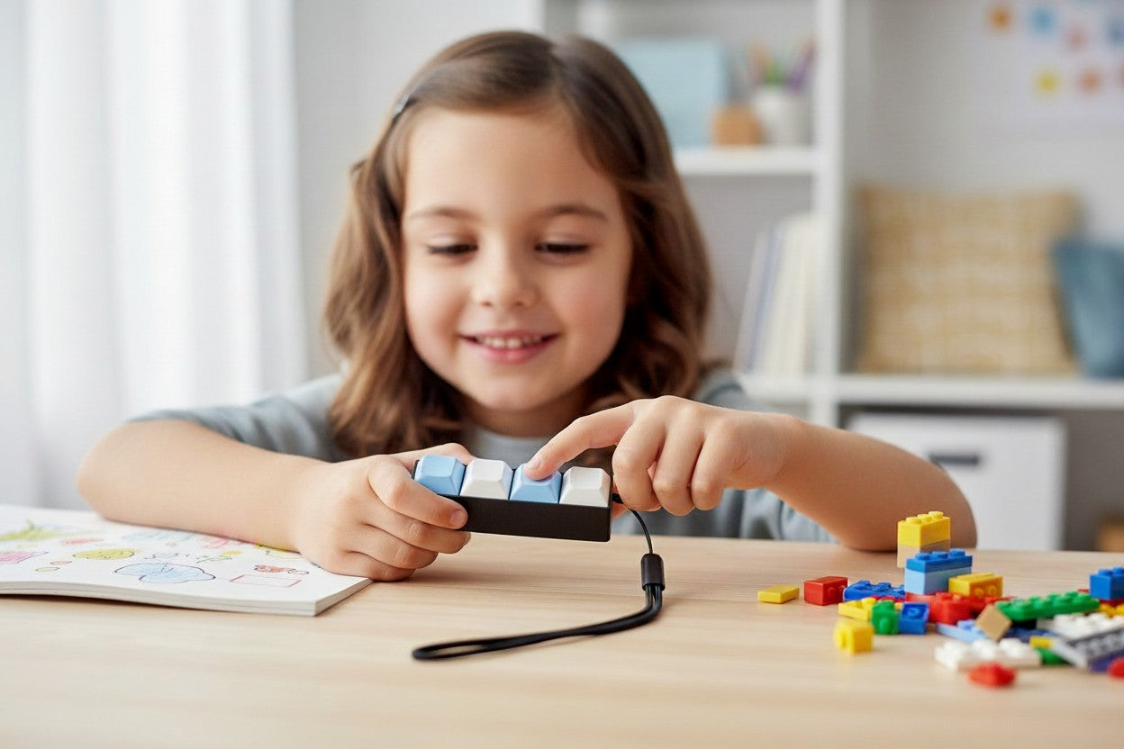 Child playing with keyboard fidgel toys at a table