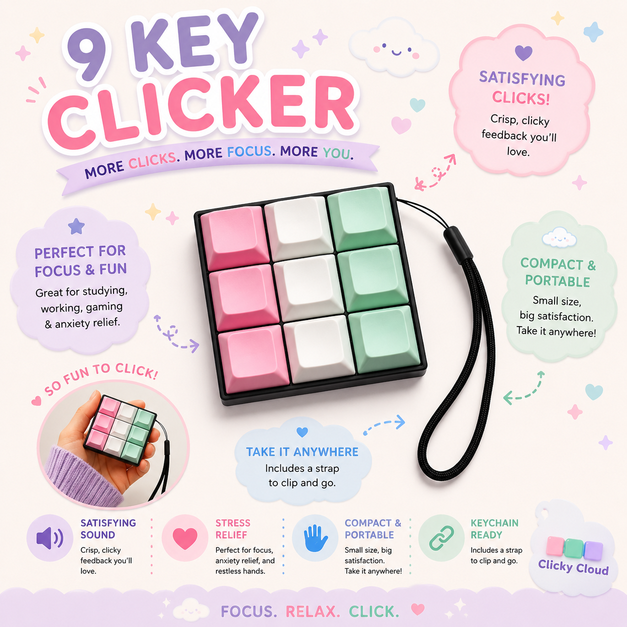 Keyboard Fidget Clicker – 9 Key ASMR Fidget Keyboard, Stress Relief Click Toy