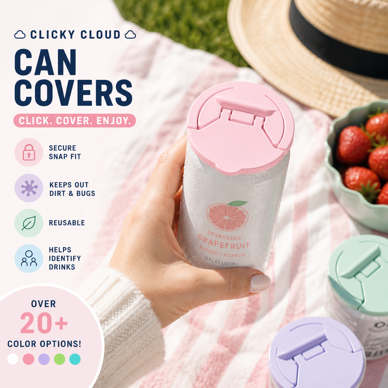 Person holding a pink and white can cover with product features listed on the left.