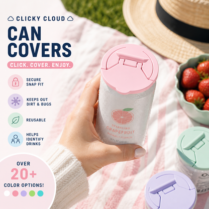 Person holding a pink and white can cover with product features listed on the left.