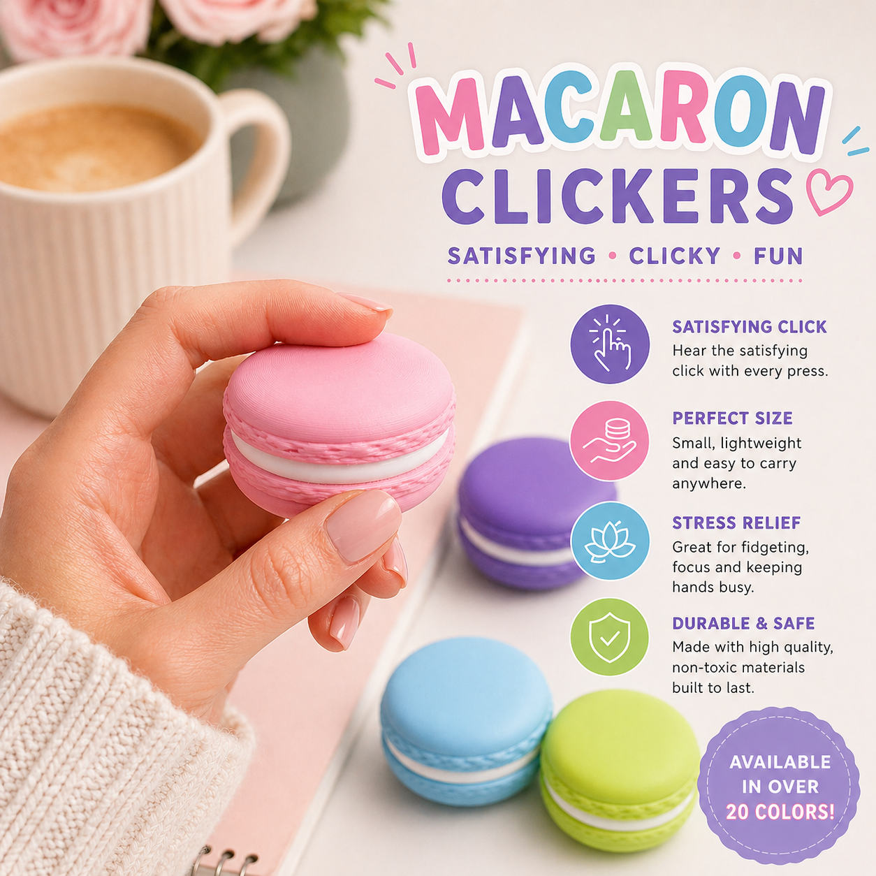 Macaron Fidget Clicker Toy, Stress Relief, Desk Accessory, Clicky Toy