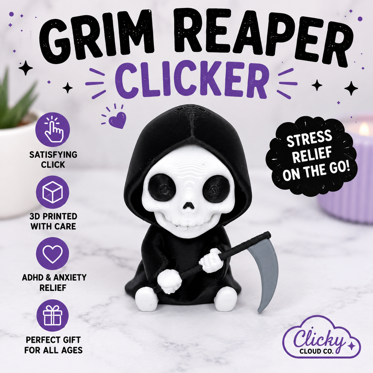 Grim Reaper Clicker Keychain | Mechanical Keyboard Fidget Toy | Cute Skeleton Keychain
