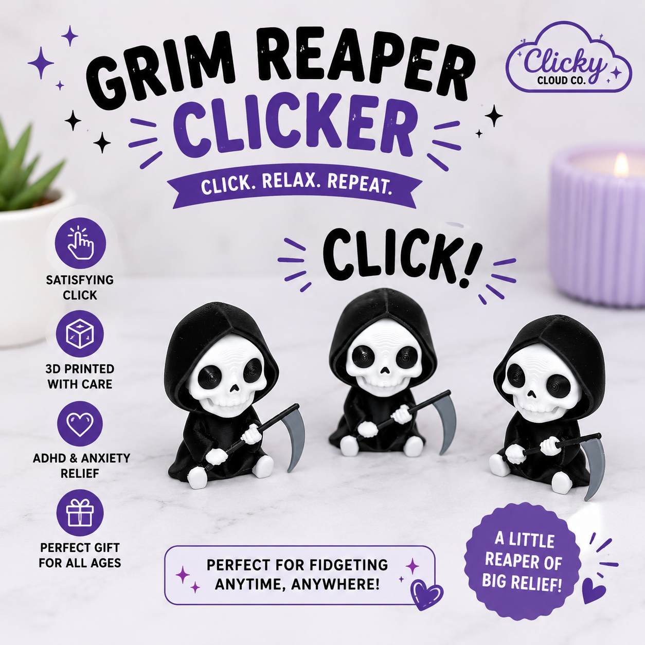 Grim Reaper Clicker Keychain | Mechanical Keyboard Fidget Toy | Cute Skeleton Keychain