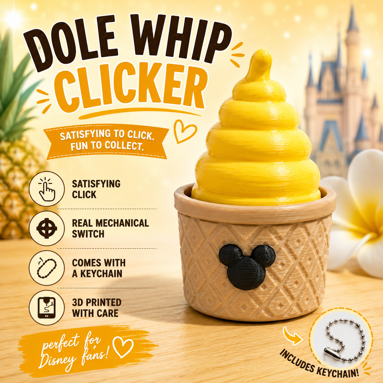Pineapple Dole Whip Clicker Keychain – 3D Printed Fidget Toy