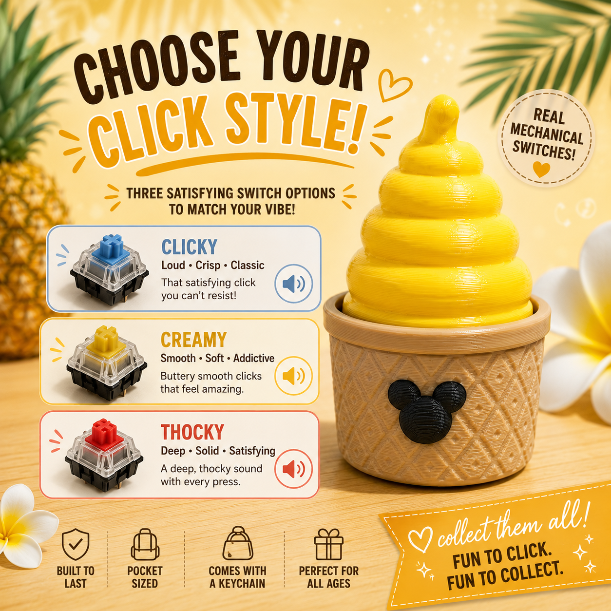 Pineapple Dole Whip Clicker Keychain – 3D Printed Fidget Toy