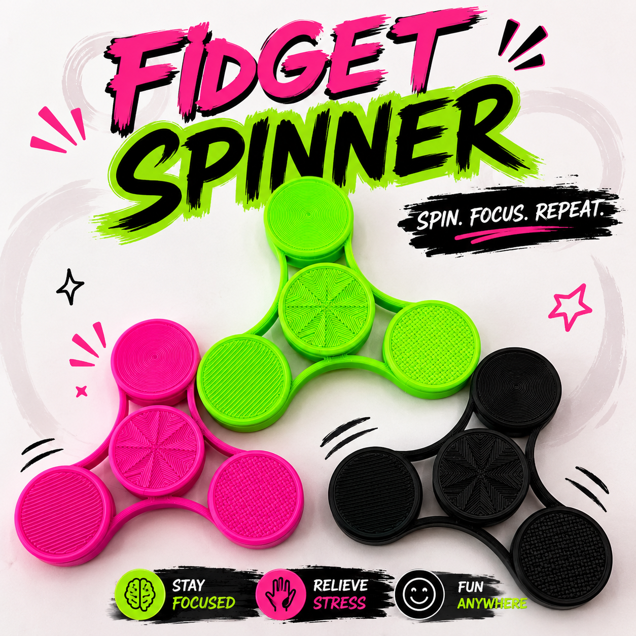 3D Printed Textured Fidget Spinner – 20+ Colors