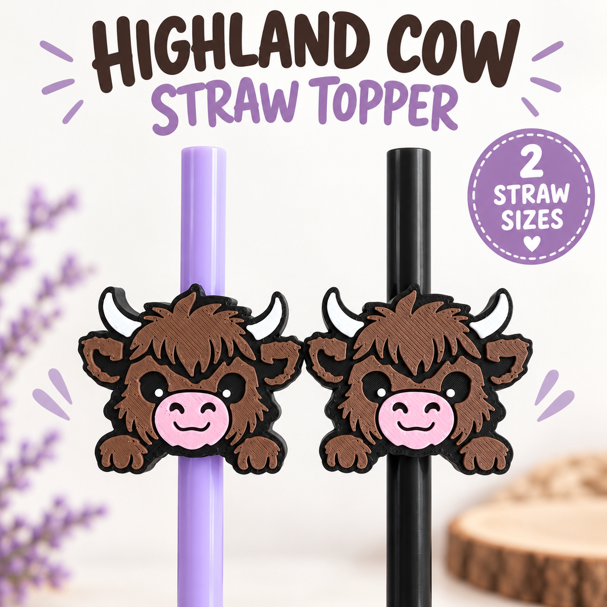Highland Cow Straw Topper, 3D Printed Tumbler Accessory, 8.5mm or 10mm Straw Charm, Cute Cow Lover Gift
