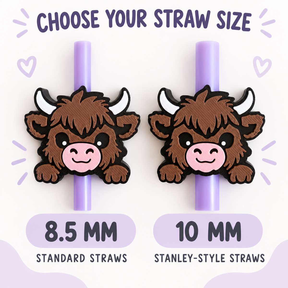 Highland Cow Straw Topper, 3D Printed Tumbler Accessory, 8.5mm or 10mm Straw Charm, Cute Cow Lover Gift