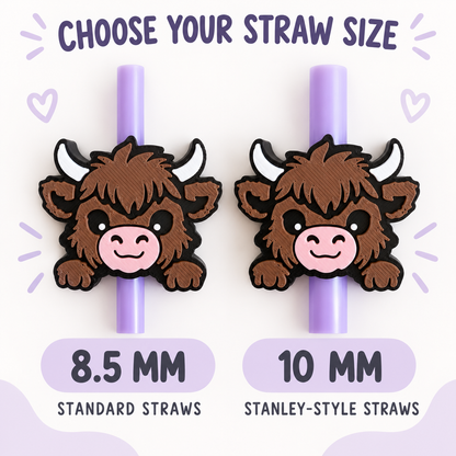 Highland Cow Straw Topper, 3D Printed Tumbler Accessory, 8.5mm or 10mm Straw Charm, Cute Cow Lover Gift