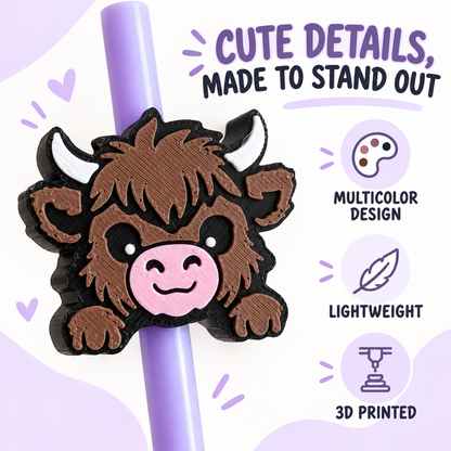 Highland Cow Straw Topper, 3D Printed Tumbler Accessory, 8.5mm or 10mm Straw Charm, Cute Cow Lover Gift