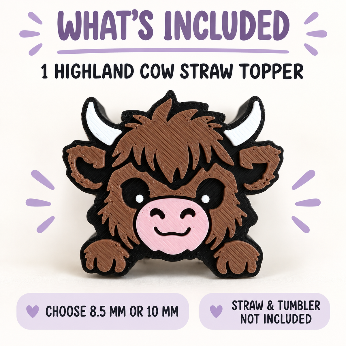 Highland Cow Straw Topper, 3D Printed Tumbler Accessory, 8.5mm or 10mm Straw Charm, Cute Cow Lover Gift
