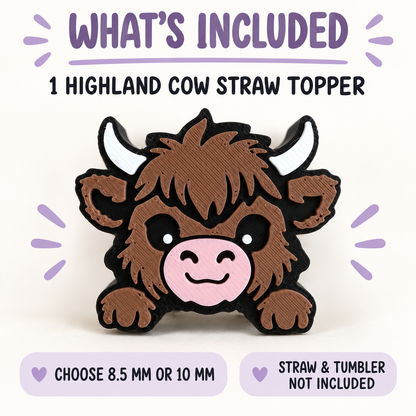 Highland Cow Straw Topper, 3D Printed Tumbler Accessory, 8.5mm or 10mm Straw Charm, Cute Cow Lover Gift