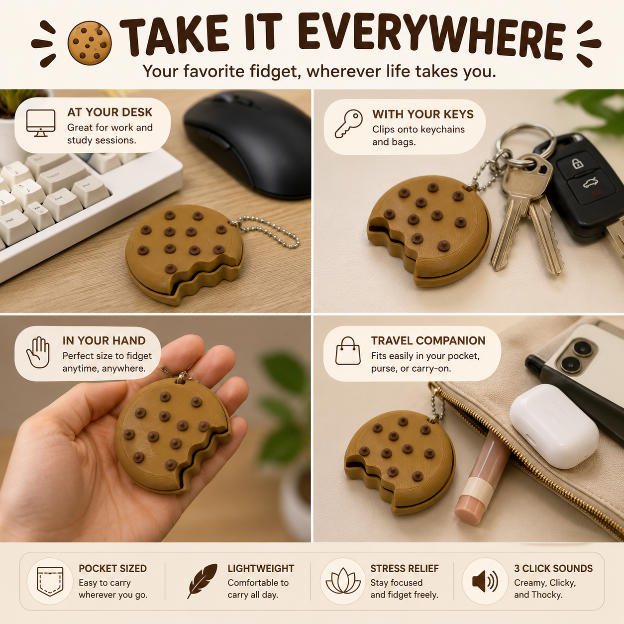 Cookie Fidget Clicker Keychain – Cute Stress Relief Keyboard Click Toy, ASMR Clicker, Sensory Gift