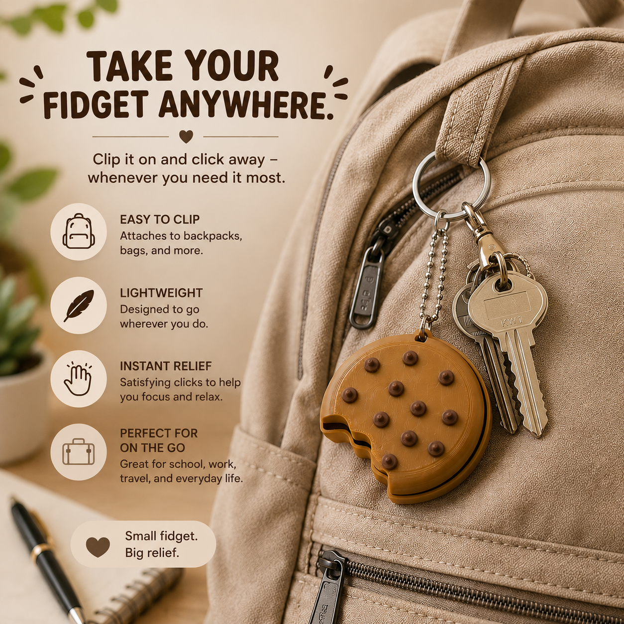 Cookie Fidget Clicker Keychain – Cute Stress Relief Keyboard Click Toy, ASMR Clicker, Sensory Gift