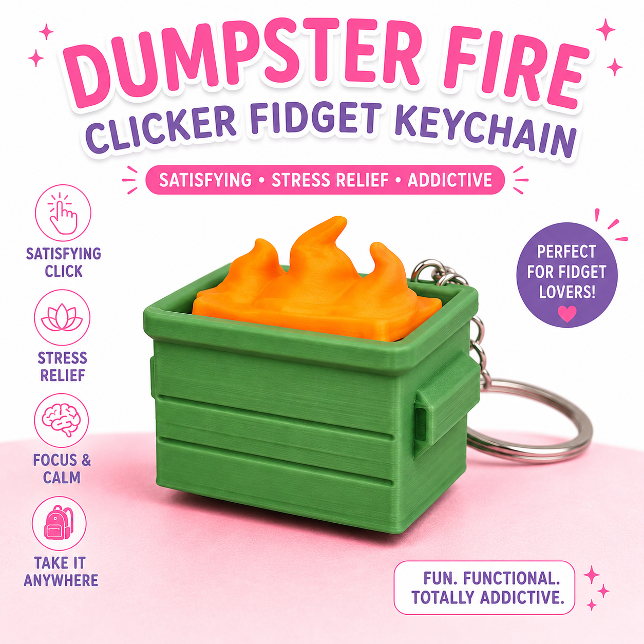 Dumpster Fire Clicky Fidget – Funny Desk Clicker | Mechanical Switch Stress Relief Toy | 3D Printed ASMR Fidget