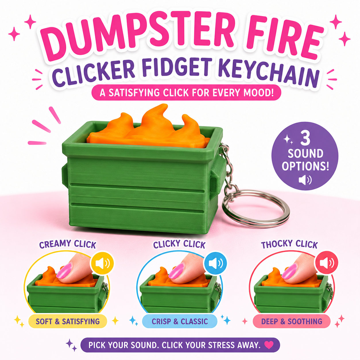 Dumpster Fire Clicky Fidget – Funny Desk Clicker | Mechanical Switch Stress Relief Toy | 3D Printed ASMR Fidget