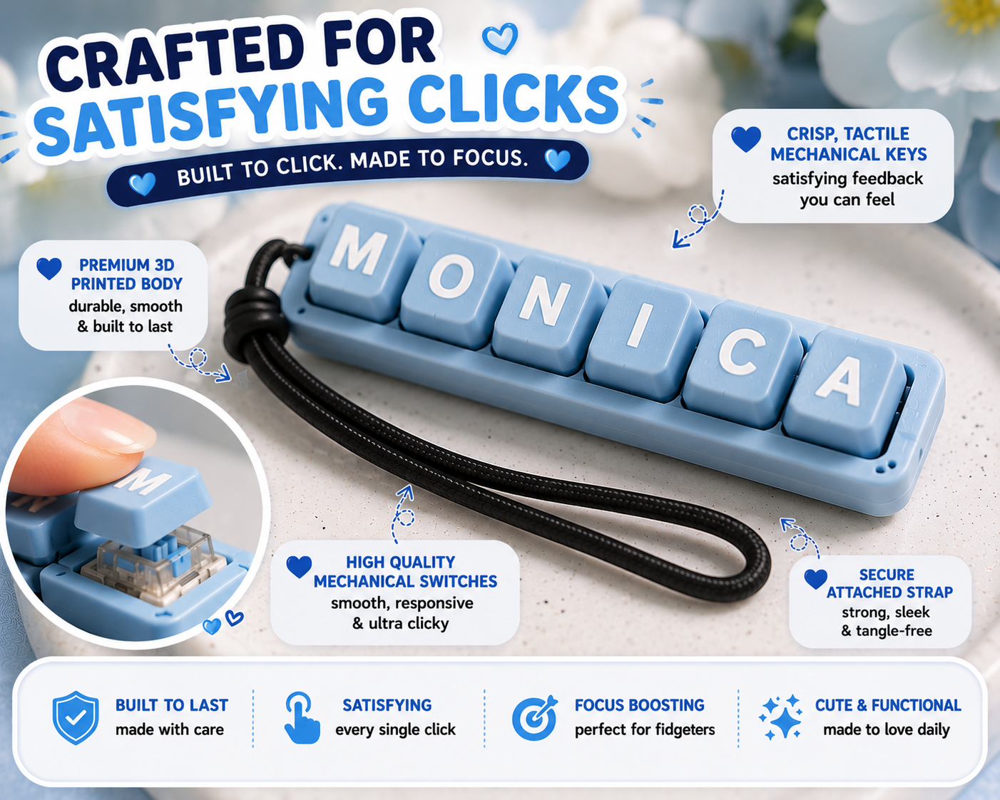 Personalized Keyboard Clicker Fidget – Custom Name Keycap Clicker | 3D Printed Desk Toy | Mechanical Keyboard Switch Fidget