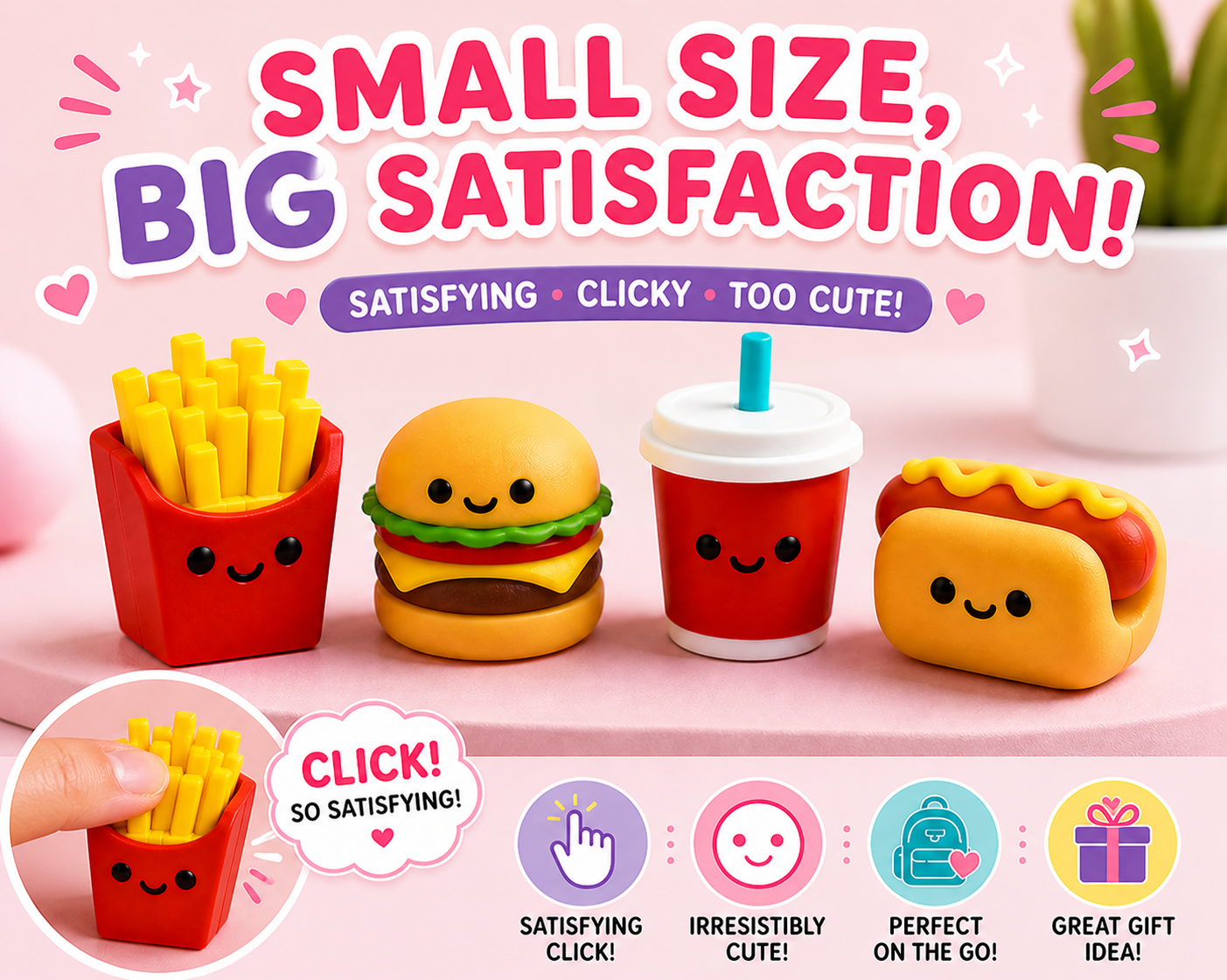 Set of small food-themed toys including fries, burger, drink, and hot dog on a pink background with text 'Small Size, Big Satisfaction!'.