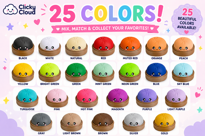 A promotional graphic for the Clicky Cloud clicky toy set, showing 25 cute, round, face-eyed squishies arranged in a grid with their names underneath. The top features colorful text reading '25 COLORS!' and '25 BEAUTIFUL COLORS AVAILABLE!' on a pastel pink background decorated with stars and hearts.