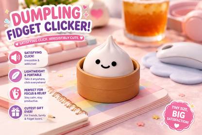 Fidget toy resembling a dumpling with promotional text on a colorful background