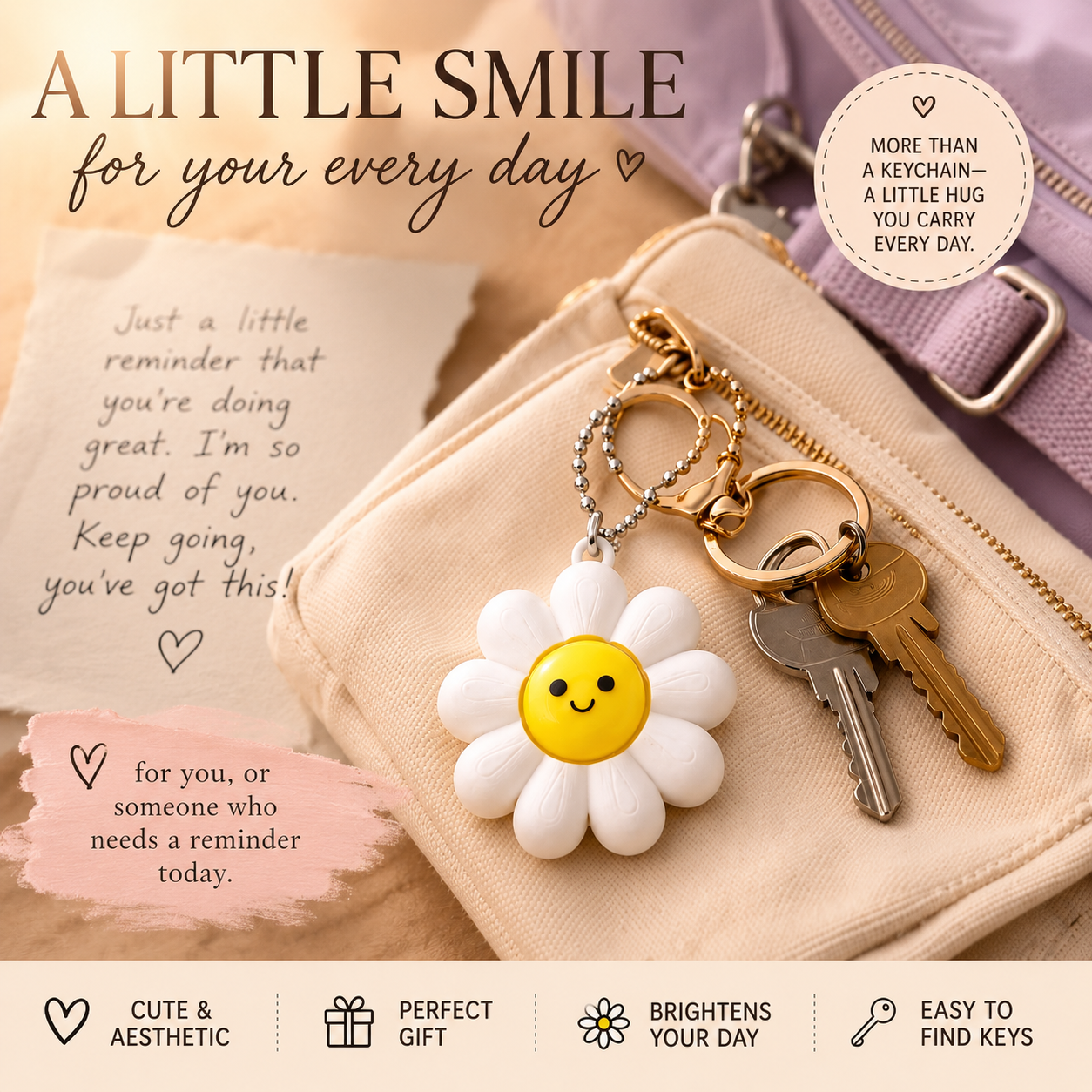 Keychain with a smiley face design attached to a key on a beige pouch, with text and branding elements.