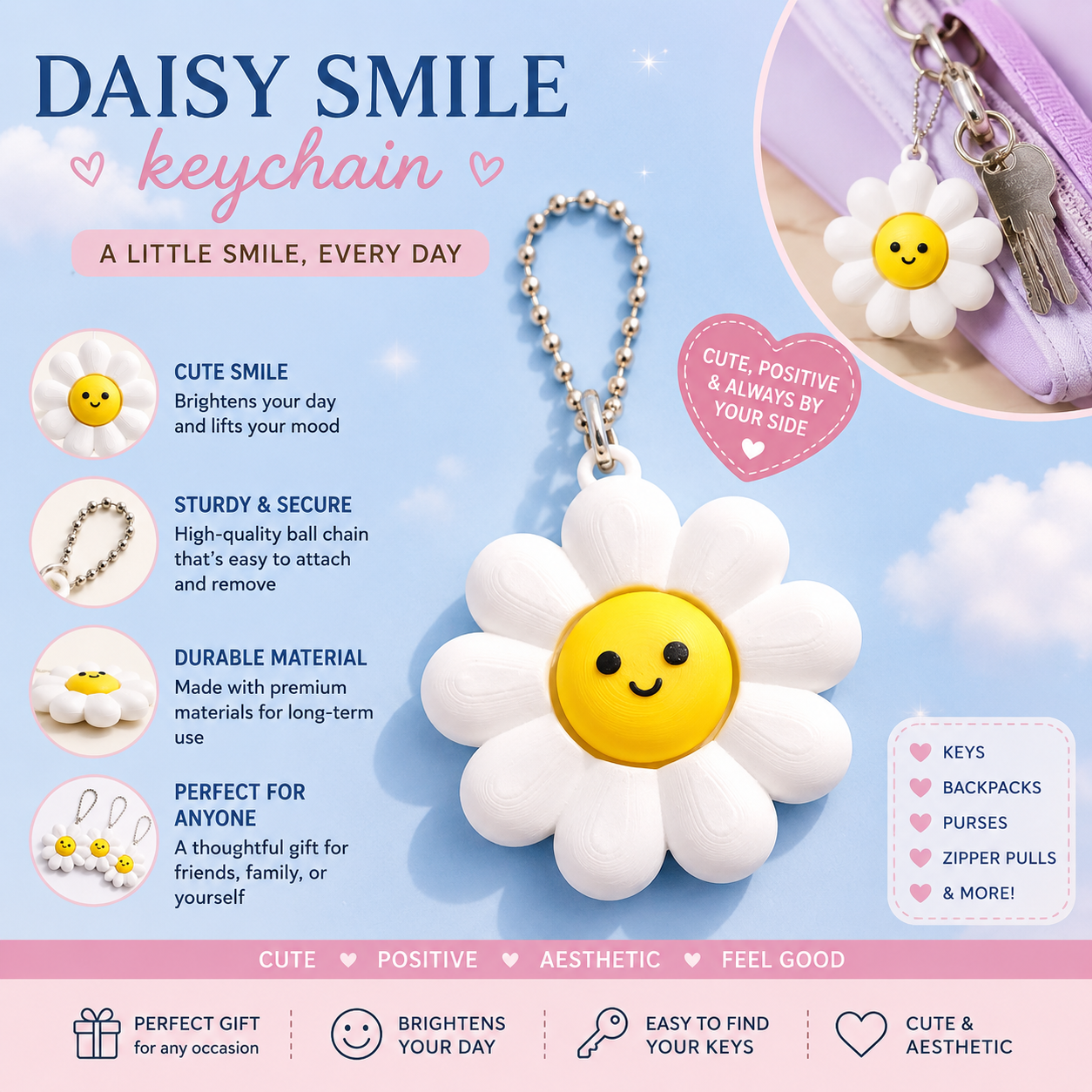 Daisy smile keychain with product features on a blue background