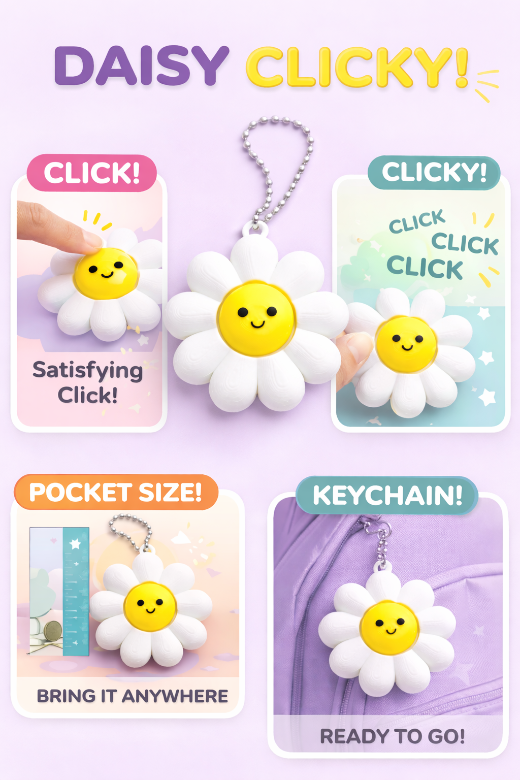 Daisy Fidget Clicker Keychain – Cute Flower Stress Relief Toy, Pocket Size Anxiety Fidget