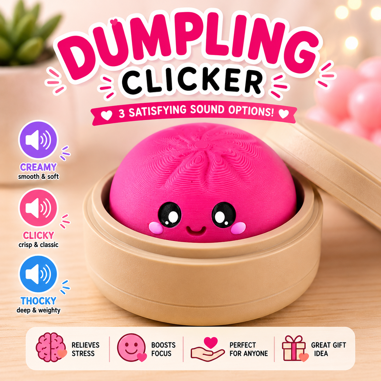A pink dumpling-shaped clicker toy sitting in a bamboo steamer basket, with large text reading 'DUMPLING CLICKER' and feature callouts on a warm indoor background.