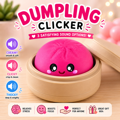 A pink dumpling-shaped clicker toy sitting in a bamboo steamer basket, with large text reading 'DUMPLING CLICKER' and feature callouts on a warm indoor background.