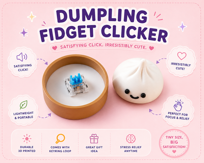 Dumpling fidget clicker with smiling dumpling design on a pink background
