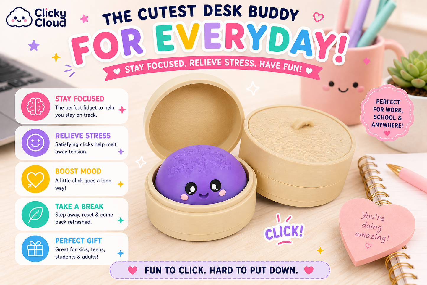A cute desk-themed promotional graphic for a purple squishy stress-relief toy inside a round wooden box. The image includes large text reading 'The Cutest Desk Buddy For Everyday!' and feature callouts on the left, with a pink cup, succulent, and heart-shaped note on a desk background.
