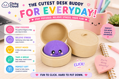 A cute desk-themed promotional graphic for a purple squishy stress-relief toy inside a round wooden box. The image includes large text reading 'The Cutest Desk Buddy For Everyday!' and feature callouts on the left, with a pink cup, succulent, and heart-shaped note on a desk background.
