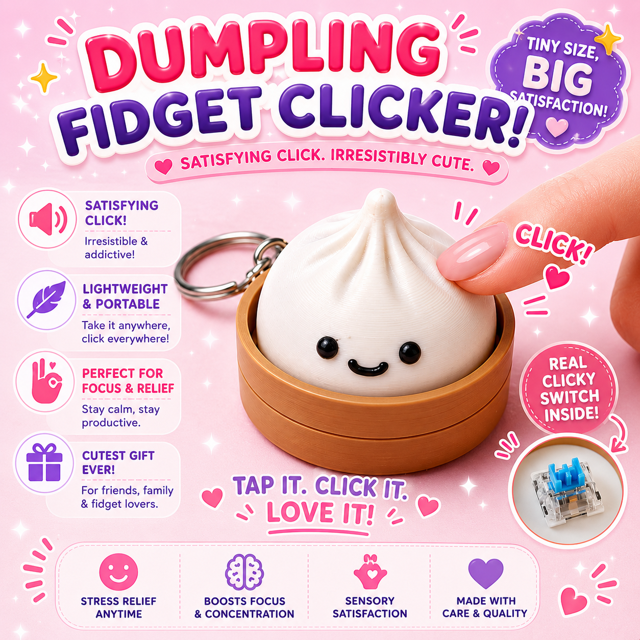 Dumpling fidget clicker with keychain on a pink background