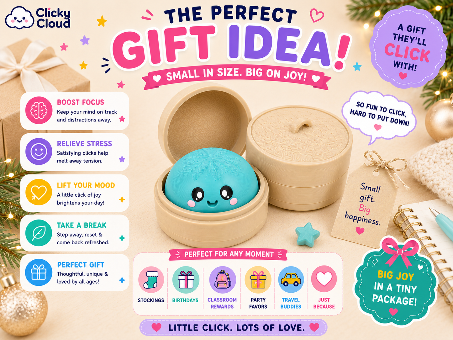 A promotional graphic for a Clicky Cloud mini click toy gift set. The image shows a round beige wooden box opened to reveal a small turquoise-blue clickable toy with a cute face.
