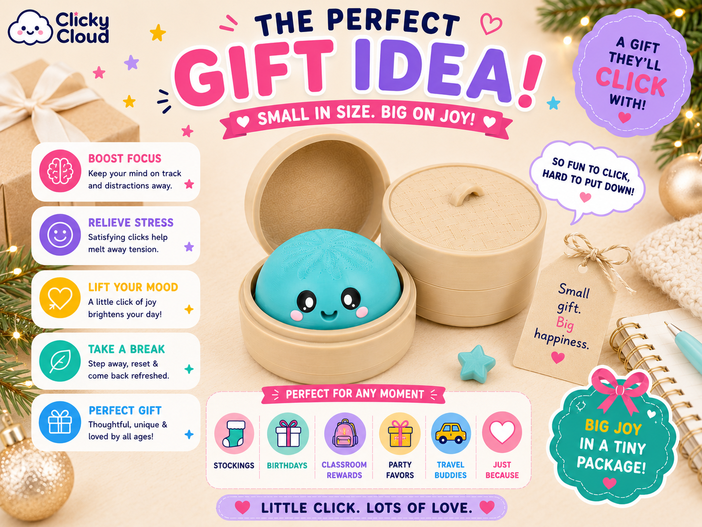 A promotional graphic for a Clicky Cloud mini click toy gift set. The image shows a round beige wooden box opened to reveal a small turquoise-blue clickable toy with a cute face.