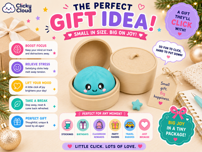 A promotional graphic for a Clicky Cloud mini click toy gift set. The image shows a round beige wooden box opened to reveal a small turquoise-blue clickable toy with a cute face.