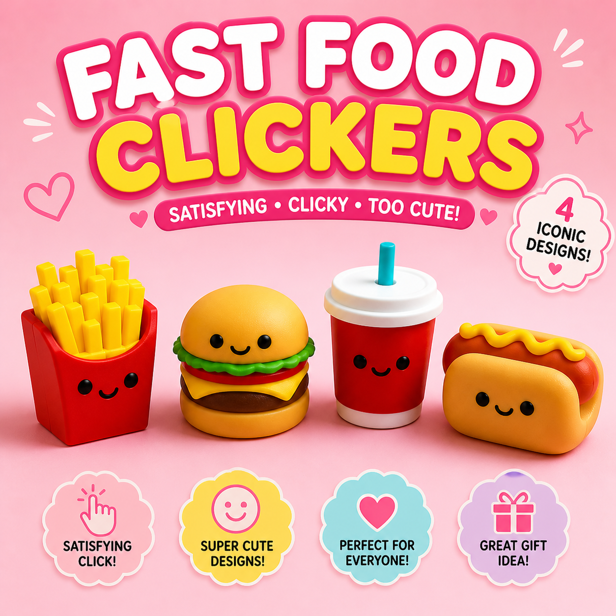 Promotional image of 'Fast Food Clickers' with cartoon-style French fries, hamburger, drink, and hot dog on a pink background.