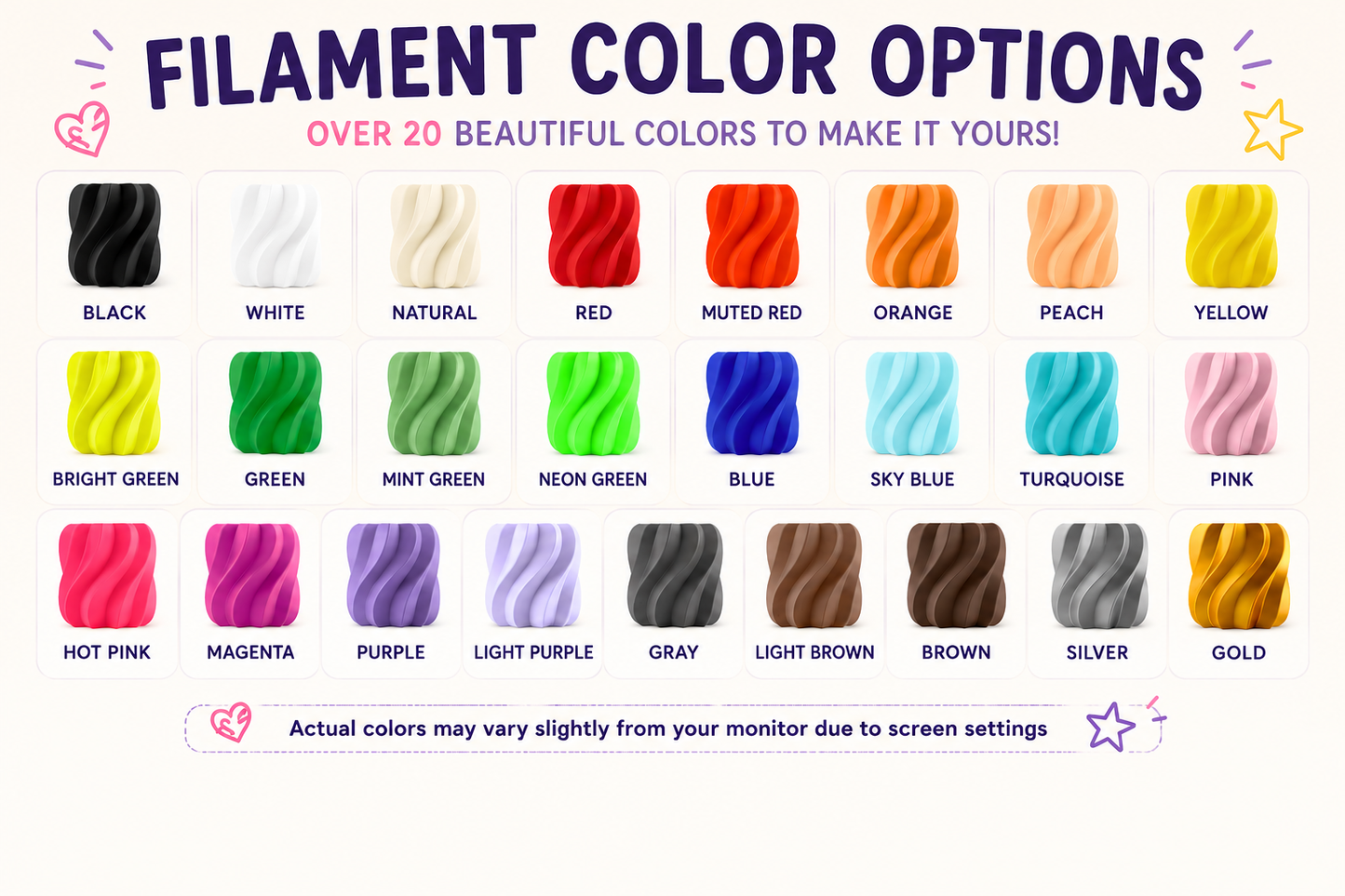Color swatch chart for filament with various colors and labels.