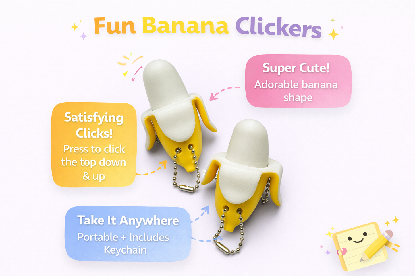 Banana Fidget Clicker Keychain – Cute Stress Relief Toy, 3D Printed Keyboard Clicker, Portable Anxiety Fidget