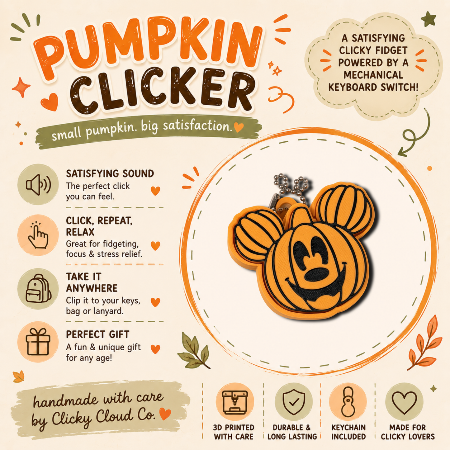 Mickey Pumpkin Clicker Keychain – Halloween 3D Printed Fidget Toy
