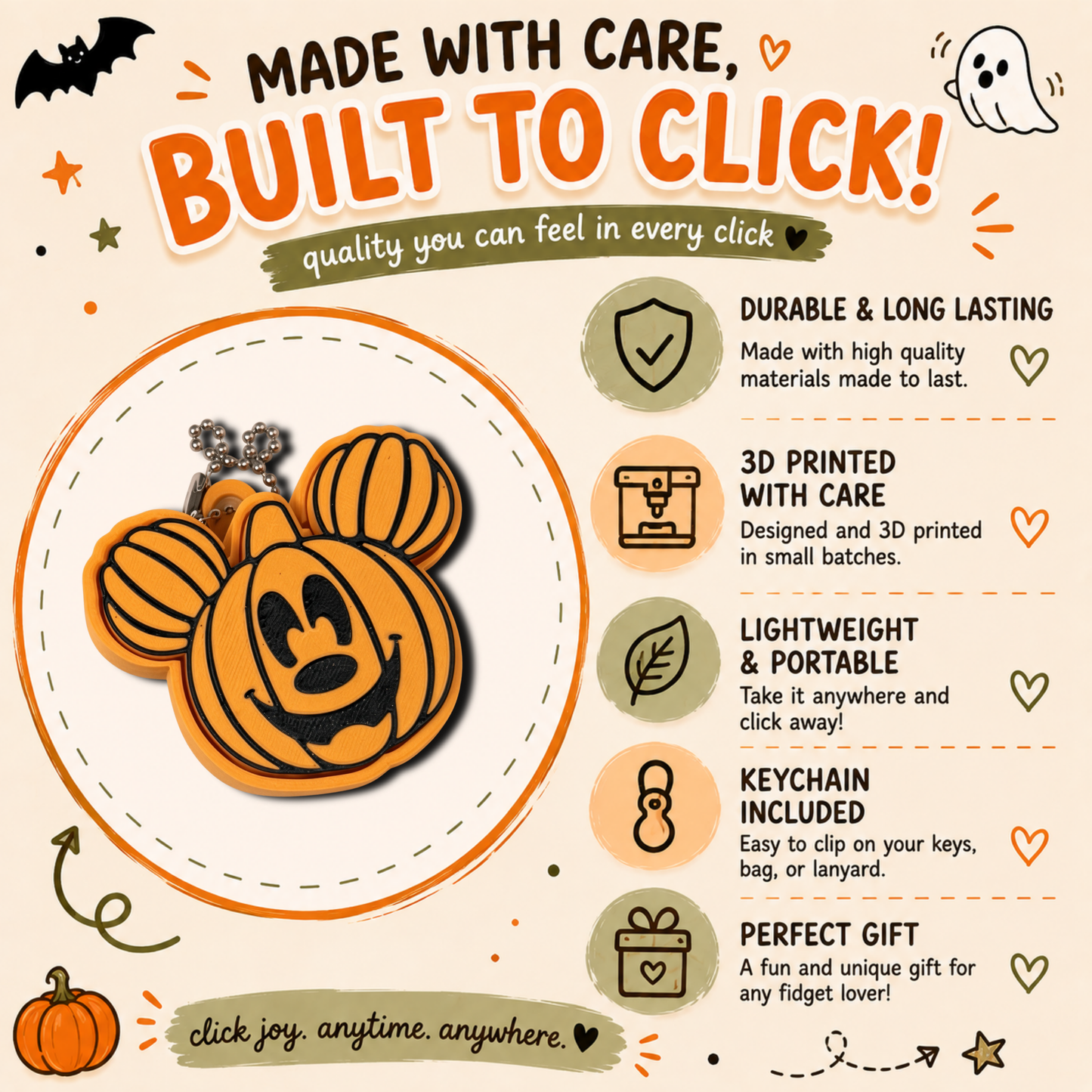 Mickey Pumpkin Clicker Keychain – Halloween 3D Printed Fidget Toy