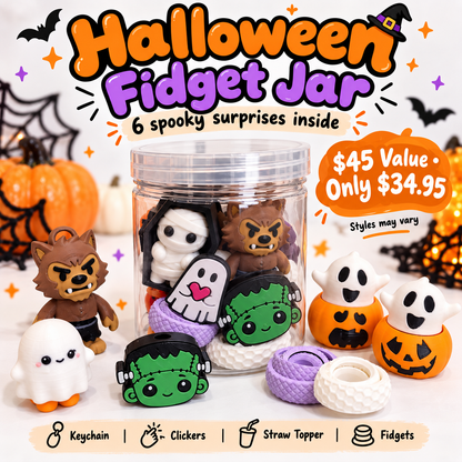 Halloween fidget jar with six spooky surprise toys